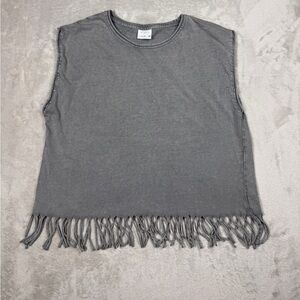 Zara Girls Boho Western Fringe Hem Studded Grey Lightweight Cropped Tank 11-12